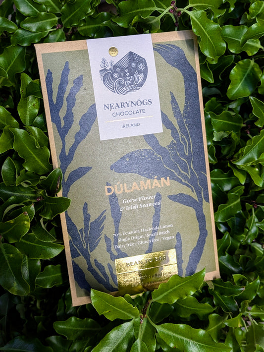 A chocolate bar packaging with a green and brown color scheme, labeled 'Dúlamán' from Nearynocks Chocolate, placed on a background of green leaves.