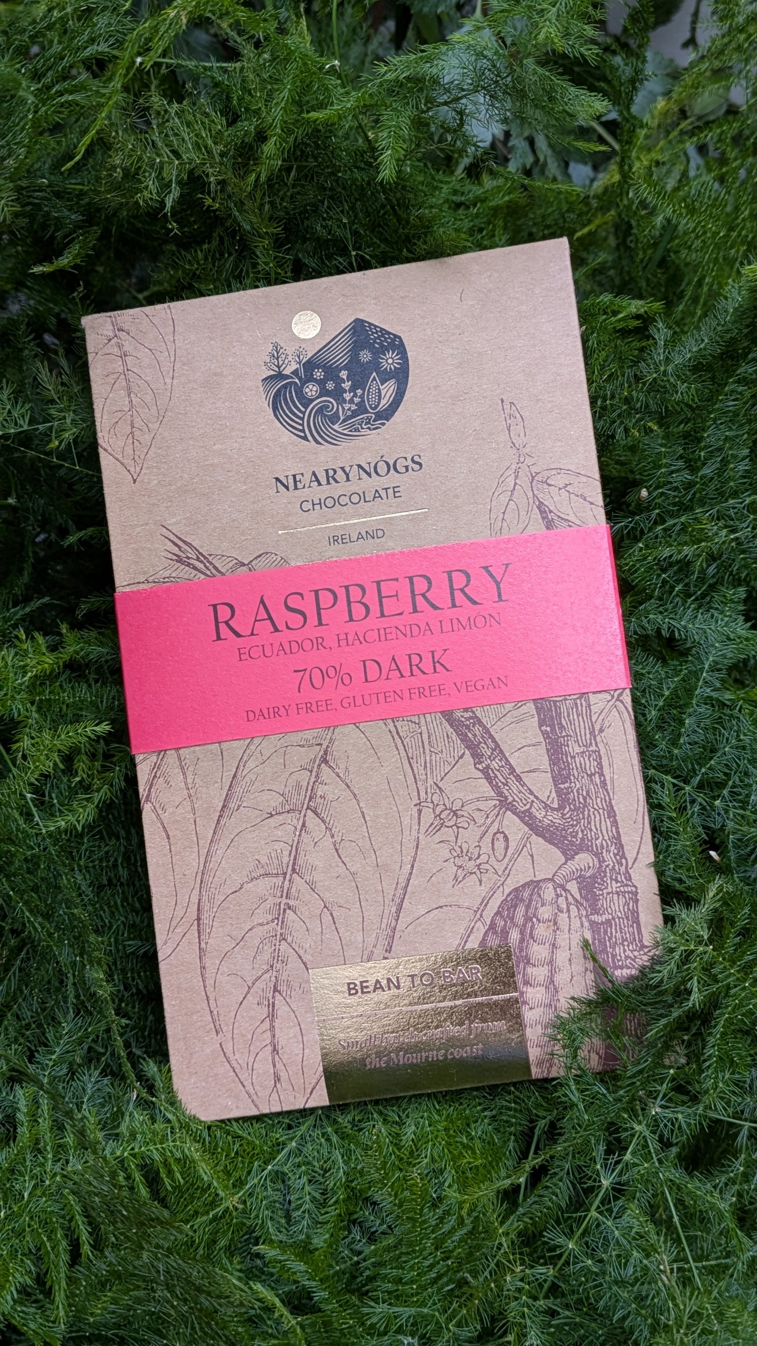 Nearynog's Raspberry Dark Chocolate bar packaging on a green leaf background