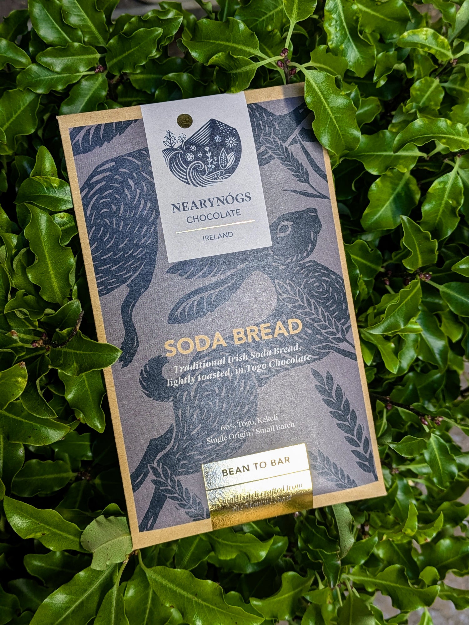 A chocolate bar packaging with 'SODA BREAD' text and an image of a chocolate bar with green leaves in the background.