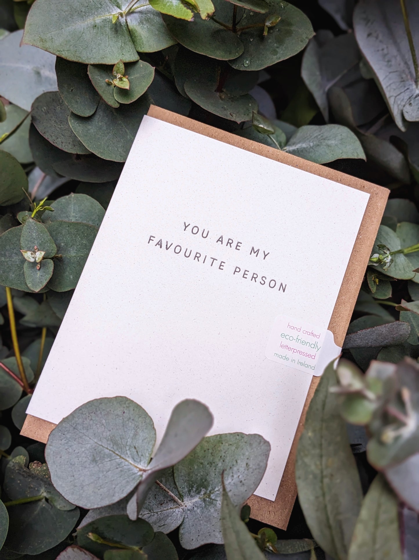 A greeting card with the text 'You are my Favourite Person' printed on it, placed on a bed of green leaves.