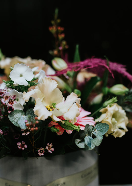 A floral arrangement featuring a variety of flowers including pink, white, and purple, presented in a clear hatbox.